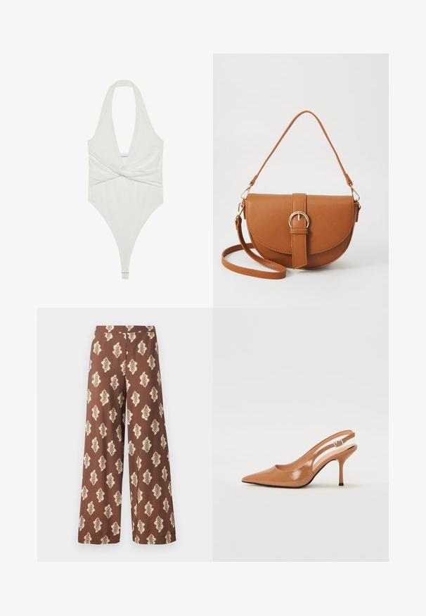 Hvit halterneck bodysuit med dyp V-hals og vridd frontdesign. Laget av et glatt, elastisk stoff, har thong-kutt.; Bredde brune bukser laget av stoff med en teksturert overflate, med et gjentakende bladmønster i kremfarge. Elastisk midje.; Spiss tå slingback hæl i et glat, glinsende brunt materiale. Har et buet utskårent design og en slank stilett hæl. Sølvspenne detalj.; Brun lærcrossbody-veske med en buet form, gullhardware og et spenneakcent. Har en avtakbar skulderreim.