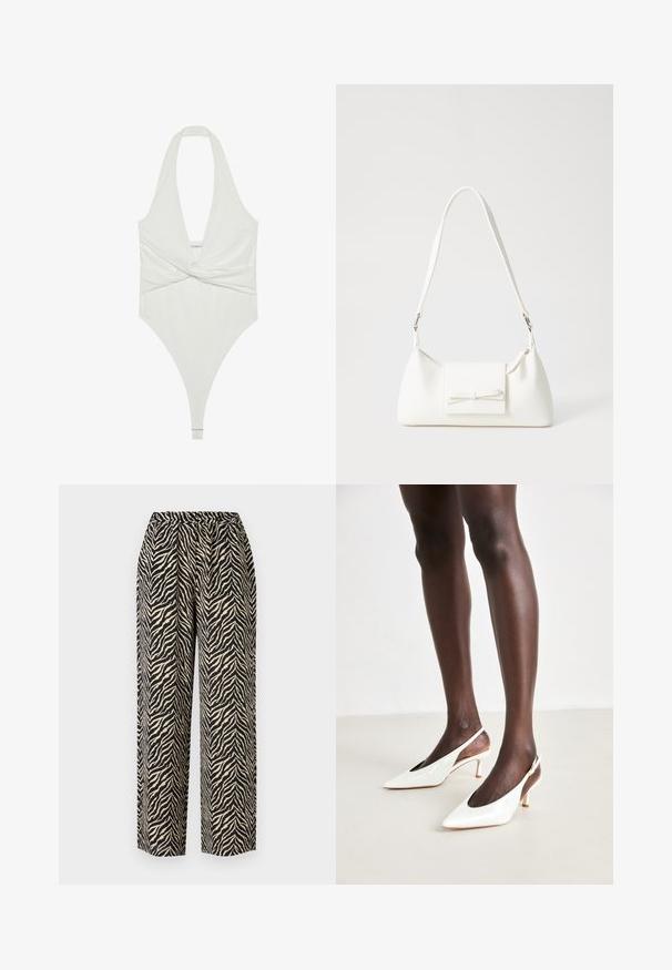 White halter neck bodysuit with a plunging V-neck and twist front design. Crafted from a smooth, stretchy fabric, features a thong cut.; Wide-leg trousers made of lightweight fabric, featuring a black and beige zebra stripe pattern with a textured finish. Elastic waistband.; White patent leather slingback heels with a pointed toe, slender heel, and open sides; smooth texture and minimalistic design.; White synthetic handbag with a triangular shape, flat front flap and bow detail, adjustable strap, smooth texture, and minimalistic design.