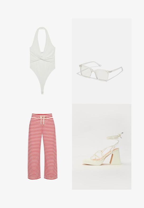 White halter neck bodysuit with a plunging V-neck and twist front design. Crafted from a smooth, stretchy fabric, features a thong cut.; Striped wide-leg pants in red and cream, featuring an elastic waist with a drawstring, smooth fabric, and a relaxed fit design.; White high-heeled sandal with a chunky heel, featuring a strappy design and ankle tie. Smooth texture with a platform front for added height.; Clear plastic square-frame glasses with translucent lenses, featuring gold accents on the temples for added detail.