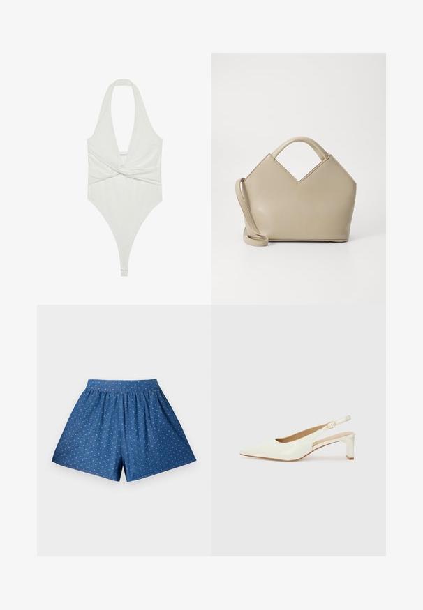 Baltos halter stiliaus bodysuit'as su giliu V formos dekoltė ir suktuko priekyje dizainu. Pagamintas iš lygaus, tampraus audinio, turi trumpus šonus.; Mėlyni džinsiniai šortai su elastinga juosmens juosta ir baltais taškeliais. Savybės: laisvas pjūvis ir iki kelių siekiantis ilgis. Lygus paviršius.; Baltas lakinės oda slingback batelis su smailiu nosiu ir žemu blokiniu kulnu. Yra subtilus dirželis su auksiniu užsegimu.; Šviesiai ruda struktūruota rankinė su V formos viršumi, lygaus odos paviršiaus, trumpomis rankenomis ir ilgu reguliuojamu dirželiu. Minimalistinis dizainas.