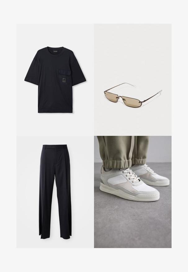 Μαύρο κοντομάνικο μπλουζάκι με στρογγυλή λαιμόκοψη και τσέπη με καπάκι στην αριστερή πλευρά του στήθους, η οποία διαθέτει μια μικρή ορθογώνια ταμπέλα με λογότυπο.; Μαύρο παντελόνι ψηλόμεσο με φαρδιά γραμμή, κατασκευασμένο από απαλό ύφασμα. Διαθέτει πιέτες εμπρός και θηλιές ζώνης. Μινιμαλιστικός σχεδιασμός, χωρίς ορατά αξεσουάρ.; Λευκά και ανοιχτό γκρι αθλητικά παπούτσια με υφή στην επιφάνεια, κλείσιμο με κορδόνια και επενδεδυμένη κολάρο. Ο σχεδιασμός περιλαμβάνει τρύπες και σουέτ λεπτομέρειες.; Καφέ μεταλλικά ορθογώνια γυαλιά ηλίου με καφέ σκουρόχρωμους φακούς και λεπτές, διαφανείς άκρες, που διαθέτουν μινιμαλιστικό σχέδιο και διακριτική επωνυμία.