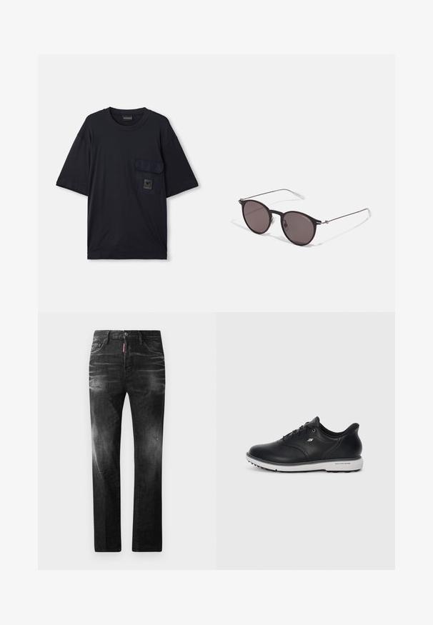 Schwarzes kurzärmliges T-Shirt mit Rundhalsausschnitt und einer aufgesetzten Tasche auf der linken Brust, die mit einem kleinen rechteckigen Logo-Patch versehen ist.; Schwarze Jeans aus Denim mit geradem Schnitt. Verfügt über ausgebleichte Bereiche, leichte Abnutzung, klassisches Fünf-Taschen-Design und einen Knopfverschluss.; Schwarze Leder Schnürsneaker von Skechers mit weißer Sohle, seitlichem Logo und strukturiertem Grip auf der Sohle vor einem schlichten hellen Hintergrund.; Schwarze runde Sonnenbrille mit dunklen Gläsern und schlanken Metallbügeln. Enthält klare Tempelspitzen und silberne Akzente am Scharnier. Minimalistisches Design.