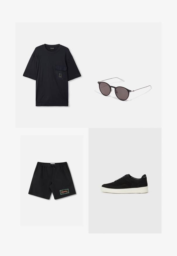 Sort kortærmet T-shirt med rund hals, der har en klaplomme på venstre bryst, og som prydes af et lille rektangulært logo-patch.; Sorte badeshorts med elastisk linning og snøre. Har en grøn blomstret kant med teksten "Rivolia" på venstre ben.; Sort ruskinds sneaker med snørebånd og kontrasterende hvid gummisål. Har teksturerede sidepaneler og diskret branding på hælen.; Sorte runde solbriller med mørke linser og slanke metalarme. Inkluderer klare tempeltips og sølvdetaljer ved hængslet. Minimalistisk design.