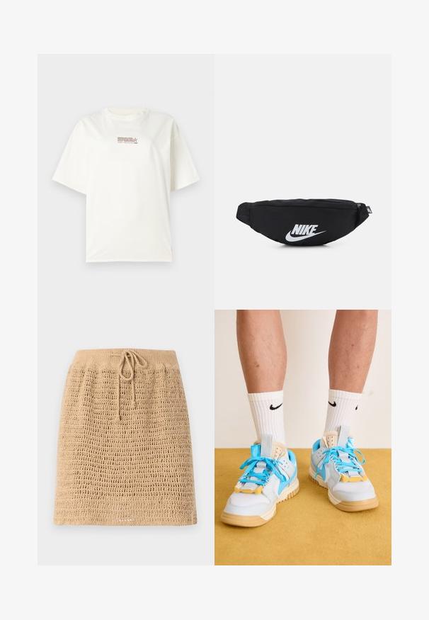 Weißes T-Shirt mit Rundhalsausschnitt und kurzen Ärmeln, mit einem kleinen roten und braunen Logotext in der Mitte vorne. Aus Baumwollmaterial gefertigt.; Beige Strickrock mit einem strukturierten, offenen Maschenmuster. Verfügt über einen verstellbaren Kordelzugbund. Der Saum ist gerade.; Helleblaue Sneakers mit hellbraunen Sohlen, die auffällige türkisfarbene Schnürsenkel und gelbe Akzente zeigen. Strukturiertes Material und sichtbare Luftpolster.; Schwarze Nylon-Hüfttasche mit Reißverschluss, ausgestattet mit einem großen weißen Nike-Logo. Glatte Textur und ergonomisches Design für einen bequemen Tragekomfort.