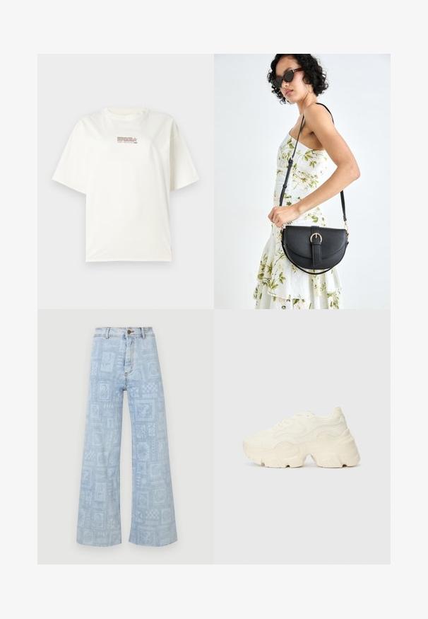 Witte t-shirt met ronde hals en korte mouwen, met een klein rood en bruin logo-tekst op de voorkant in het midden. Gemaakt van katoen.; Lichtblauwe wijde jeans gemaakt van denim, met een gestructureerd patroon van verschillende ontwerpen, waaronder flora en fauna, door de stof heen.; Chunky witte sneakers gemaakt van geperforeerd mesh en synthetische materialen, met een dikke zool en ingewikkelde patroon details aan de zijkanten.; Zwarte leren handtas met een gebogen vorm, afneembare schouderband en gouden hardware. De tas heeft een klep met een gespsluiting.