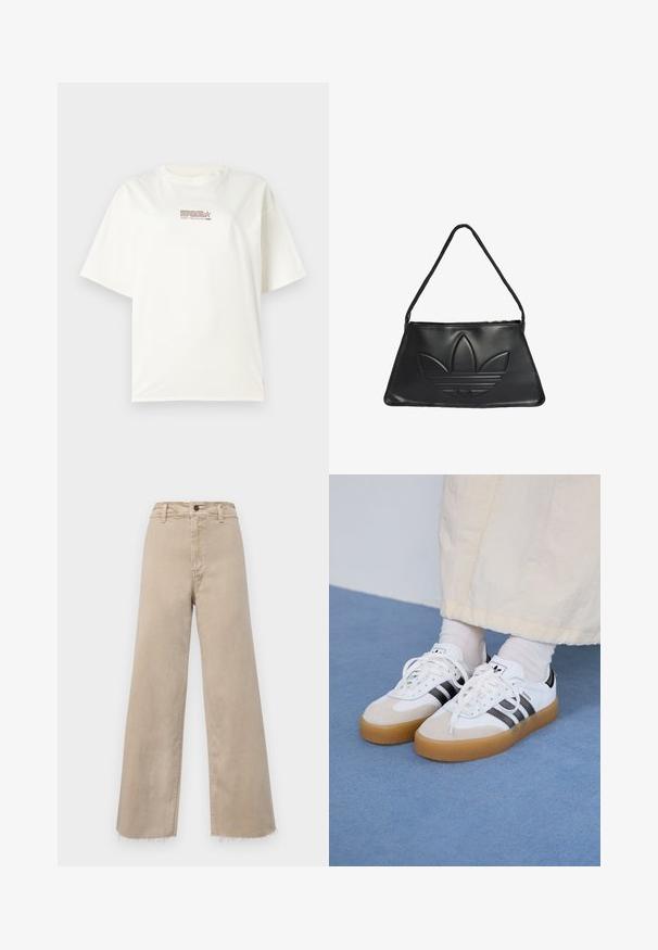 Hvid crew neck t-shirt med korte ærmer, med en lille rød og brun logo tekst i midten foran. Lavet af bomuldsmateriale.; Beige bredde ben jeans lavet af denim, med høj talje, frynset kant og klassisk fem-lomme design. Velegnet til hverdag.; Hvide sneakers med sorte striber og beige ruskindsdetaljer. Har en tekstureret gummisål og flade hvide snørebånd, båret med lyse sokker.; Sort læderhåndtaske med trapezform, prydet med et hævet Adidas-logo og en tynd skulderrem. Lynlåslukning øverst.