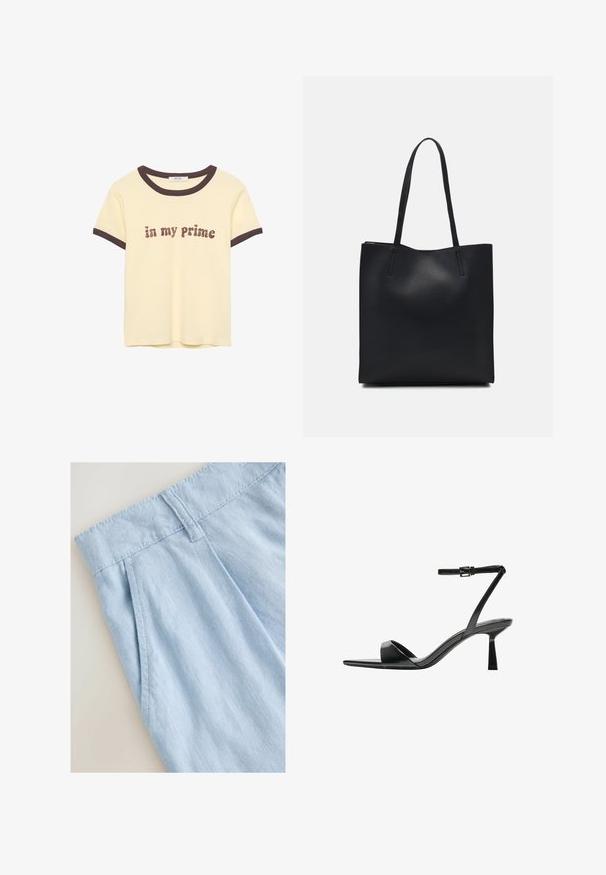 Lys gul t-shirt med brun ribbet halsudskæring og ærmer, med teksten "in my Prime" i en tekstureret brun skrift. Materiale: bomuld.; Lyseblå linnedede shorts med et plisseret design, der har en talje og syningsdetaljer. Glat tekstur og afslappet stil.; Bershka Højhælede sandaletter / Højhælede sandaler - black; Sort læder tote taske med glat tekstur, rektangulær form og to lange hanke. Ingen synlig hardware eller udsmykninger.