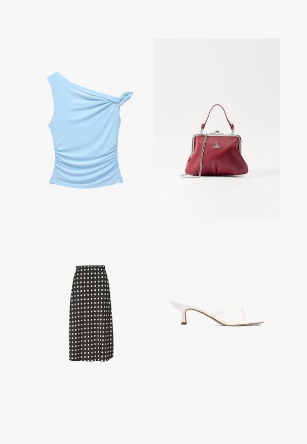 Asymetryczna bluzka na jedno ramię w jasnoniebieskim kolorze, wykonana z gładkiego materiału, z twisted shoulder detail oraz marszczonymi bokami.; Czarna spódnica midi w białe kropki, wykonana z gładkiego materiału. Posiada dopasowaną talię i lekki rozporek z boku dla swobody ruchów.; Białe sandały w stylu thong na niskim obcasie, wykonane z gładkiego materiału, z prostymi paskami i minimalistycznym designem. Brązowe akcenty na podeszwie.; Czerwona skórzana torebka na ramię z srebrnym łańcuszkiem, w zaokrąglonym kształcie, z plisowanym wzorem i metalowym zapięciem u góry. Ozdobiona detalem z logo.