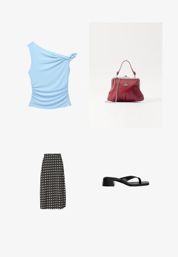 Asymmetrische Bluse mit einem Träger in Hellblau, aus glattem Stoff gefertigt, mit verdrehtem Schulterdetail und gerafften Seiten.; Schwarzer Midirock mit weißen Punkten, aus einem glatten Stoff gefertigt. Verfügt über eine taillierte Passform und einen leichten Seitenschlitz für Bewegungsfreiheit.; Schwarze Leder-High Heel-Sandalen mit einem Zehenstegdesign, quadratischer Zehenpartie und niedrigem Blockabsatz. Glatte Textur mit minimalistischem Stil.; Rote Lederhandtasche mit einem Schulterriemen aus Silberkette, abgerundeter Form, plissiertem Design und einem Metallverschluss an der Oberseite. Mit einem Logo-Detail verziert.; Zwei miteinander verschlungene Ringe aus poliertem Silbermetall, mit glatten, geschwungenen Formen und glänzenden Oberflächen sowie reflektierenden Highlights.