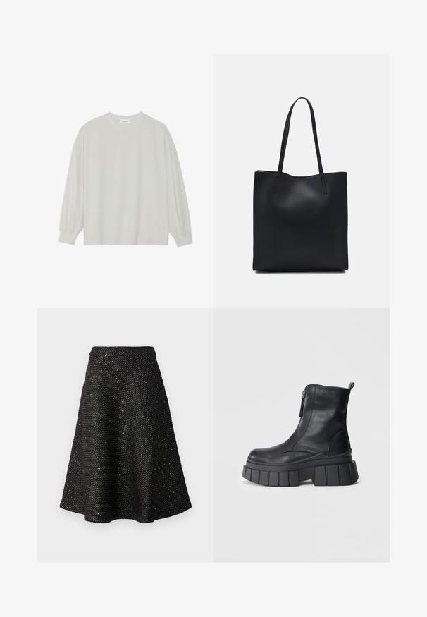 Világosszürke, hosszú ujjú póló, puha pamutból készült. Szabad, laza szabású, kerek nyakkivágással és finoman ráncolt mandzsettával rendelkezik. Nincs rajta minta vagy grafikák.; Fekete A-vonalú szoknya strukturált anyagból, fémes spektrumokkal átszőve. Széles derékpánttal és bővülő sziluettel, térd hosszúságú kialakítással.; Fekete bőr bokacsizma vastag barázdált talppal és oldalsó cipzárral, semleges szürke háttérre helyezve.; Fekete bőrtáska sima felszínnel, téglalap alakú, két hosszú füllel. Nincs látható fémkiegészítő vagy díszítés.