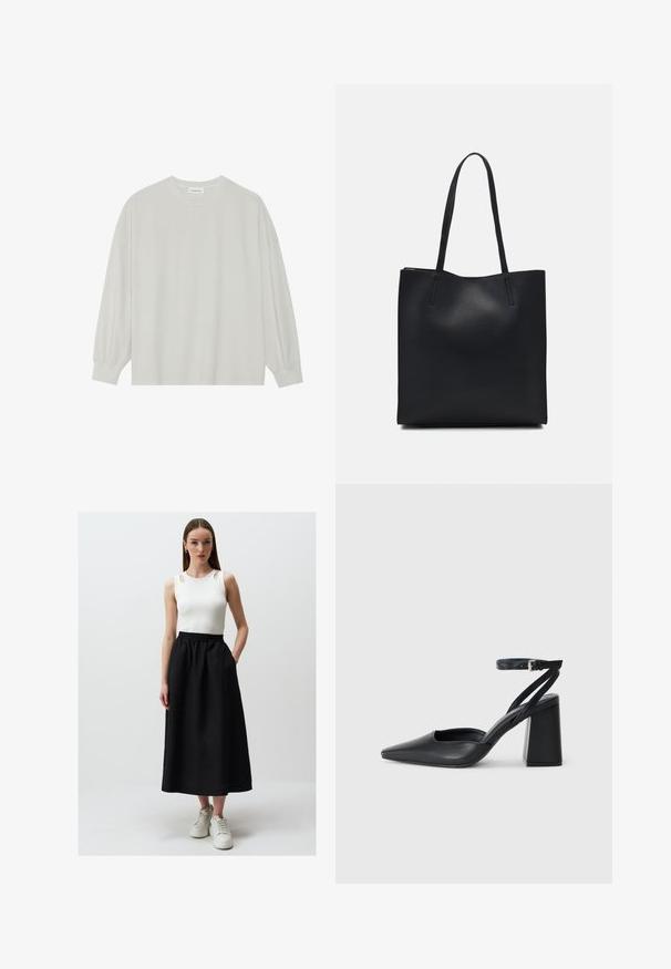 T-shirt à manches longues gris clair en coton doux. Présente une coupe ample, un col rond et des poignets légèrement froncés. Aucun motif ni graphique.; Haut sans manches blanc avec des découpes aux épaules associé à une jupe noire longueur cheville avec une taille élastique et des poches latérales, portée avec des baskets blanches.; Escarpin noir en cuir à bout pointu avec une bride de cheville et un talon épais. Texture lisse, design élégant et esthétique minimaliste.; Sac fourre-tout en cuir noir avec une texture lisse, de forme rectangulaire et deux longues poignées. Pas de matériel ou d'ornementations visibles.