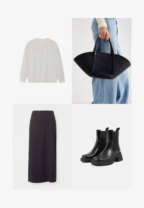 Világosszürke, hosszú ujjú póló, puha pamutból készült. Szabad, laza szabású, kerek nyakkivágással és finoman ráncolt mandzsettával rendelkezik. Nincs rajta minta vagy grafikák.; Fekete csíkozott midi szoknya egyenes sziluettel, sima textúrával és derékrésszel a tetején. Oldalsó hasíték részlet található.; Fekete bőr Chelsea csizmák masszív sarkakkal, rugalmas oldalsó panelekkel és kontrasztos fehér varrással. Texturált felület.; Fekete bőr kézitáska egyedi legyezőformával, lapos füllel. A felülete kőriszerű textúrájú és minimalista dizájnnal rendelkezik.
