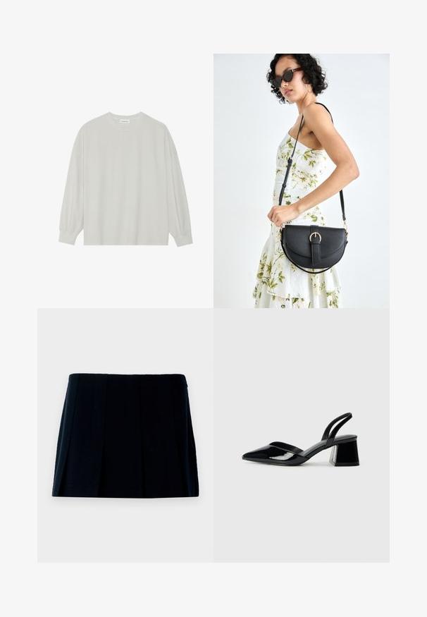 Svetlošedé tričko s dlhým rukávom vyrobené z jemnej bavlny. Má voľný strih, okrúhly výstrih a jemne náramkové manžety. Bez vzorov alebo grafiky.; Čierna plisovaná mini sukňa vyrobená z textílie. Má priamy pás a množstvo vertikálnych skladov pre tvar a štruktúru.; Čierne lakované kožené sandálové podpätky s špicatou špičkou a geometrickým blokovým podpätkom. Disponujú elegantným, minimalistickým dizajnom a hladkým povrchom.; Čierna kožená kabelka s zaobleným tvarom, odnímateľným popruhom a zlatými doplnkami. Kabelka má klopu s detailom s prackou.