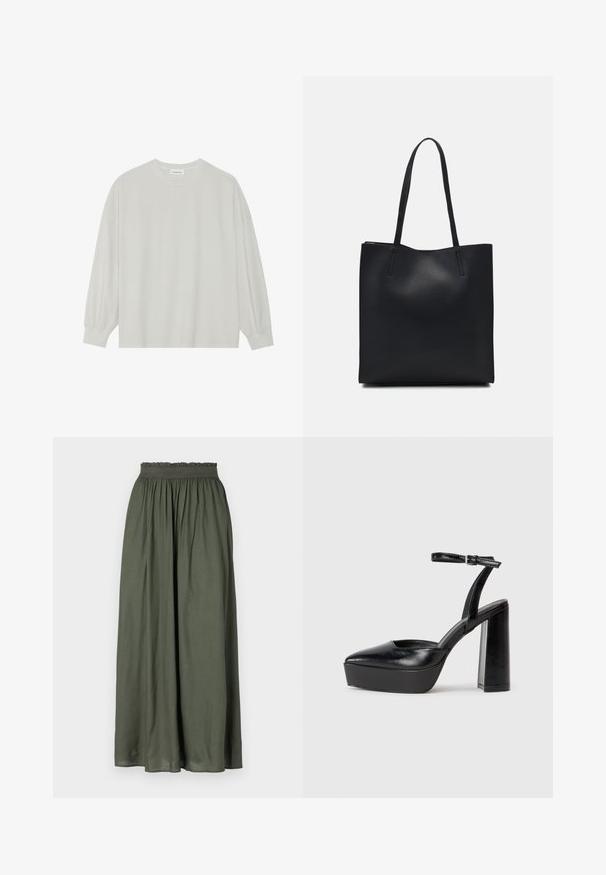Helles graues Langarm-T-Shirt aus weicher Baumwolle. Mit lockerer Passform, Rundhalsausschnitt und sanft gerafften Bündchen. Keine Muster oder Grafiken.; Dunkelgrüner Maxikilt aus leichtem Stoff, mit einem gerafften Elastikbund und einem fließenden Design mit Falten.; Schwarze Plateau-High Heels mit spitzem Zeh und verstellbarem Knöchelriemen. Gefertigt aus glattem Leder und mit einem klobigen Blockabsatz.; Schwarze Laptoptasche aus Leder mit glatter Textur, rechteckiger Form und zwei langen Griffen. Keine sichtbaren Beschläge oder Verzierungen.
