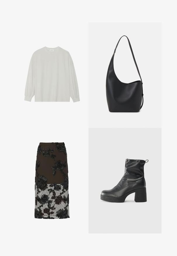 T-shirt à manches longues gris clair en coton doux. Présente une coupe ample, un col rond et des poignets légèrement froncés. Aucun motif ni graphique.; Jupe crayon noire avec moitié inférieure transparente, présentant une application de dentelle florale complexe et une ceinture texturée.; Bottes noires à la cheville en cuir lisse, dotées d'une fermeture éclair sur le côté, d'un talon épais texturé et d'une conception à bout rond.; Sac hobo en cuir noir avec une texture lisse, une forme incurvée et une seule sangle réglable ; dispose d'une large ouverture en haut.
