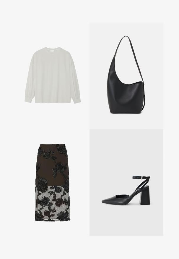 Lys grå langærmet t-shirt lavet af blød bomuld. Har en løs pasform, rund halsudskæring og let indsamlede manchetter. Ingen mønstre eller grafikker.; Sort blyantskørt med gennemsigtig nederste halvdel, der har detaljeret blomstret blondeapplikation og en tekstureret taljebånd.; Sort læder spidse pumps med ankelrem og en chunky hæl. Flad tekstur, slankt design og minimalistisk æstetik.; Sort læder hobo taske med en glat overflade, buet form og en enkelt justerbar rem; har en bred åbning øverst.