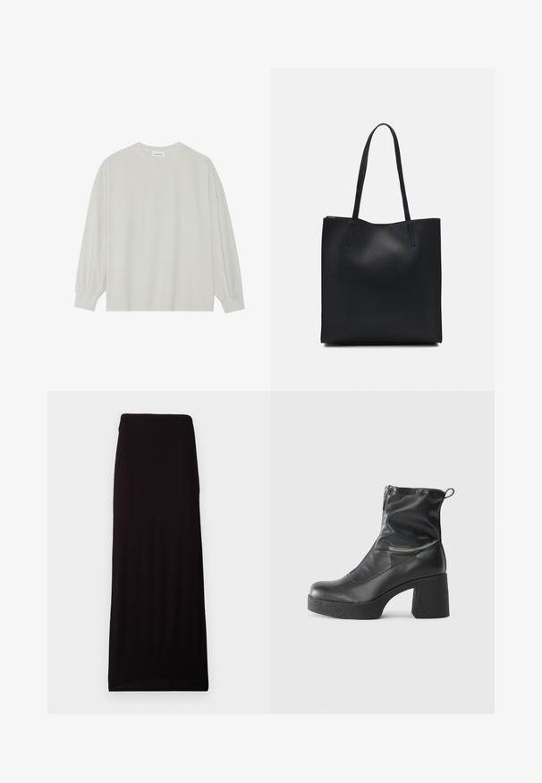 Lys grå langermet t-skjorte laget av myk bomull. Har en løs passform, rund hals og forsiktig samlet mansjetter. Ingen mønstre eller grafikk.; Gina Tricot SOFT TOUCH MAXI SKIRT - Maxiskjørt - black; Svarte ankelstøvler laget av glatt lær, med glidelås på siden, chunky strukturert hæl, og rund tå-design.; Svart lær tote bag med glatt tekstur, rektangulær form og to lange håndtak. Ingen synlige deler eller dekorasjoner.