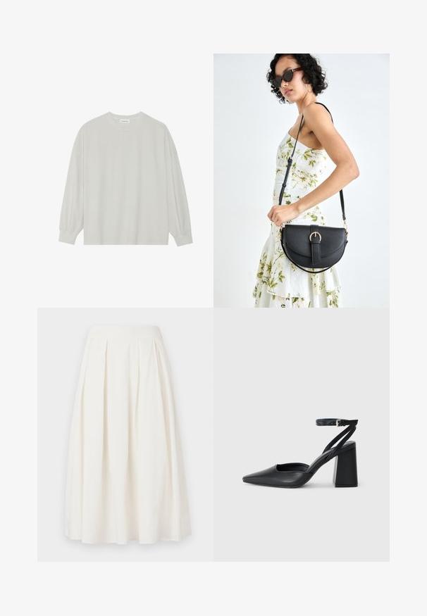 Lys grå langærmet t-shirt lavet af blød bomuld. Har en løs pasform, rund halsudskæring og let indsamlede manchetter. Ingen mønstre eller grafikker.; Hvid plisseret nederdel lavet af bomuld, med et mellemlangt design, glat talje og A-linje silhuet.; Sort læder spidse pumps med ankelrem og en chunky hæl. Flad tekstur, slankt design og minimalistisk æstetik.; Sort læderhåndtaske med en buet form, aftagelig rem og guldfinish. Tasken har en klap med en spænde detalje.