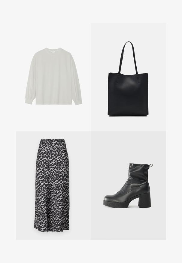 Harmaa pitkähihais t-paita, joka on valmistettu pehmeästä puuvillasta. Ominaisuuksiin kuuluvat rento istuvuus, pyöreä kaula-aukko ja hienosti rypytetyt hihansuut. Ei kuvioita tai grafiikkaa.; Leopardi-kuosiset maksihameet sileässä, kevyessä kankaassa. Varustettu joustavalla vyötäröllä ja hulmuavalla siluetilla, joka ulottuu nilkkoihin.; Mustat nilkkurit, jotka on valmistettu sileästä nahasta. Niissä on sivuvetoketju, paksu teksturoitu korko ja pyöristetty kärki.; Mustapahkainen kangaskassi, jossa on sileä pinta, suorakaiteen muotoinen ja kaksi pitkää kahvaa. Ei näkyvää metalliosaa tai koristeita.