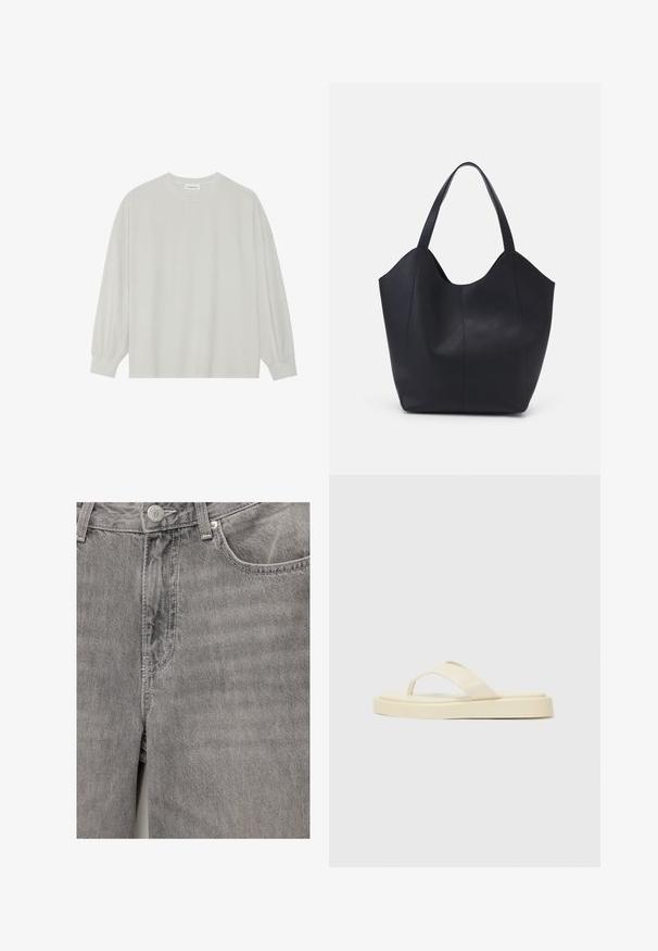 Jasnoszara, długorękawowa koszulka z miękkiej bawełny. Posiada luźny krój, okrągły dekolt oraz delikatnie marszczone mankiety. Brak wzorów i grafik.; Szare dżinsy o gładkiej teksturze, z przednim zapięciem na guziki i suwak, kieszeniami bocznymi oraz subtelnymi detalami w przeszyciach.; Płaskie klapki w jasnym żółtym kolorze. Wykonane z gładkiej gumy z dwoma ukośnymi paskami i grubą podeszwą dla komfortu i trwałości.; Czarna torba na ramię wykonana z gładkiej skóry, z zaokrąglonym, otwartym topem i dwoma paskami na ramię oraz minimalistycznym designem.