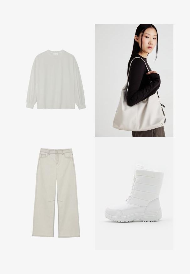 Camiseta de manga larga gris claro hecha de algodón suave. Presenta un corte holgado, cuello redondo y puños ligeramente fruncidos. Sin patrones ni gráficos.; Pantalones de pierna ancha gris claro con cinco bolsillos, cierre frontal de botón y costuras contrastantes a lo largo de las costuras. La tela parece suave y duradera.; Botas de invierno impermeables blancas con un empeine acolchado, diseño texturizado, cordones ajustables y una suela de goma resistente para tracción.; Bolso de mano beige hecho de material suave, con un diseño holgado, detalles cosidos y dos asas. Adecuado para uso diario.