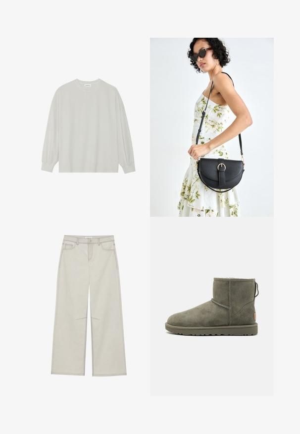 Jasnoszara, długorękawowa koszulka z miękkiej bawełny. Posiada luźny krój, okrągły dekolt oraz delikatnie marszczone mankiety. Brak wzorów i grafik.; Jasnoszare spodnie szerokie w nogawkach z pięcioma kieszeniami, zapinane na guzik z przodu, z kontrastującymi szwami. Materiał wydaje się miękki i trwały.; UGG - Śniegowce; Czarna skórzana torebka o zakrzywionym kształcie, z odpinanym paskiem i złotymi akcentami. Torebka posiada klapę z zapięciem w kształcie klamry.