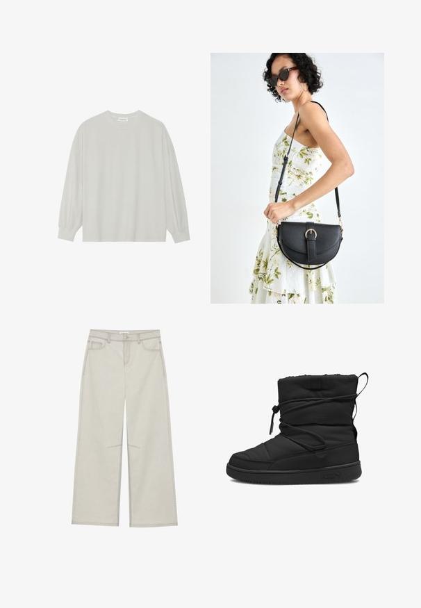 Lys grå langermet t-skjorte laget av myk bomull. Har en løs passform, rund hals og forsiktig samlet mansjetter. Ingen mønstre eller grafikk.; Lys grå vide bukser med fem lommer, frontknaplukning og kontrastsying langs sømmene. Stoffet ser blødt og holdbart ud.; Svarte isolerte støvler med quiltet tekstur, elastisk snøring, polstret topp og gummisåle med et minimalistisk logo.; Svart lærveske med en buet form, avtagbar stropp og gullbeslag. Vesken har et klaff med spenne-detall.