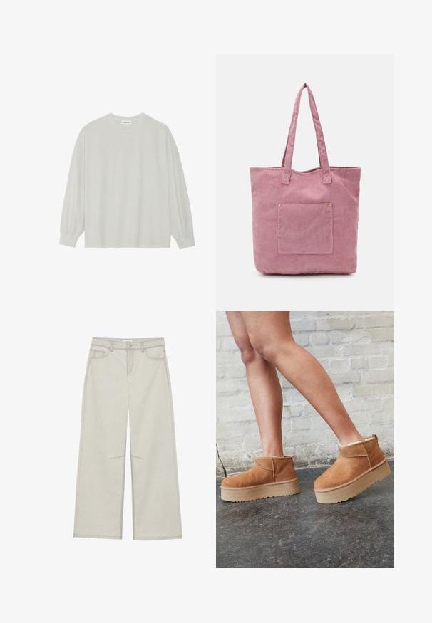 Svetlo siva majica s dugim rukavima izrađena od mekog pamuka. Ima slobodan kroj, okrugli izrez i blago nabrane manžetne. Bez uzoraka ili grafike.; Svetlo sivi široki hlače s pet žepov, sprednjem zapiranju na gumb in kontrastnim šivom ob šivih. Tkanina izgledata mehka in trpežna.; Rjavi semiš škornji do gležnjev s puhastim podlogo, debelim bež platformnim podplatom in zanko na zadnji strani. Teksturirana površina z vidnimi šivi.; Roza kordna torba z dvema dolgima ročajema, ki ima sprednji žep in subtilno rebrasto teksturo. Gladek notranji del.