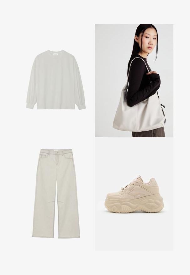 Light gray long-sleeve t-shirt made of soft cotton. Features a loose fit, round neckline, and gently gathered cuffs. No patterns or graphics.; Light gray wide-leg pants with five pockets, front button closure, and contrast stitching along seams. Fabric appears soft and durable.; Beige platform sneakers with a smooth leather upper, rounded toe, and textured rubber sole featuring wave patterns and logo detail.; Beige handbag made of soft material, featuring a slouchy design, stitched detailing, and two shoulder straps. Suitable for everyday use.