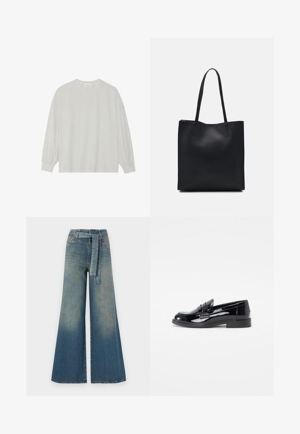 Lys grå langermet t-skjorte laget av myk bomull. Har en løs passform, rund hals og forsiktig samlet mansjetter. Ingen mønstre eller grafikk.; Bredde ben jeans med en lyseblå til mørkeblå gradient, høyt liv, beltehemper og et matchende belte i samme stoff. Teksturert denimoverflate.; Sorte lakkierte loafers med rund tå, hevet sømdetalj og flat gummisåle. Glatt tekstur med polert finish.; Svart lær tote bag med glatt tekstur, rektangulær form og to lange håndtak. Ingen synlige deler eller dekorasjoner.