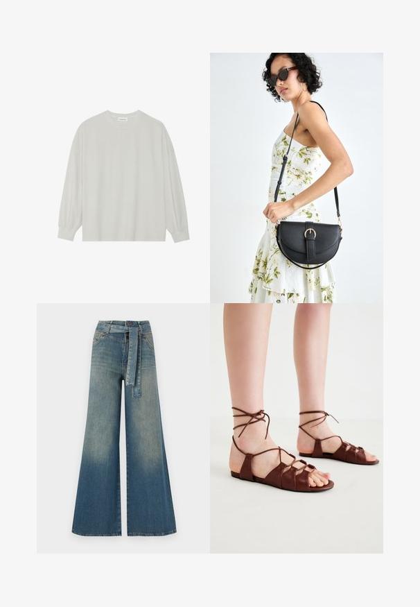 Camisola de manga longa cinza clara, feita de algodão suave. Apresenta um corte solto, decote redondo e punhos ligeiramente franzidos. Sem padrões nem gráficos.; Calças de ganga de perna larga com um gradiente de azul claro a escuro, cintura alta, passantes para cinto e um cinto de tecido a condizer. Acabamento em ganga texturizada.; Sandálias de couro castanhas com tiras cruzadas no tornozelo, design de ponta aberta, sola plana e várias tiras na parte da frente para suporte.; Bolsa de couro preta com forma curva, alça destacável e detalhes em dourado. A bolsa possui uma aba com detalhe de fivela.