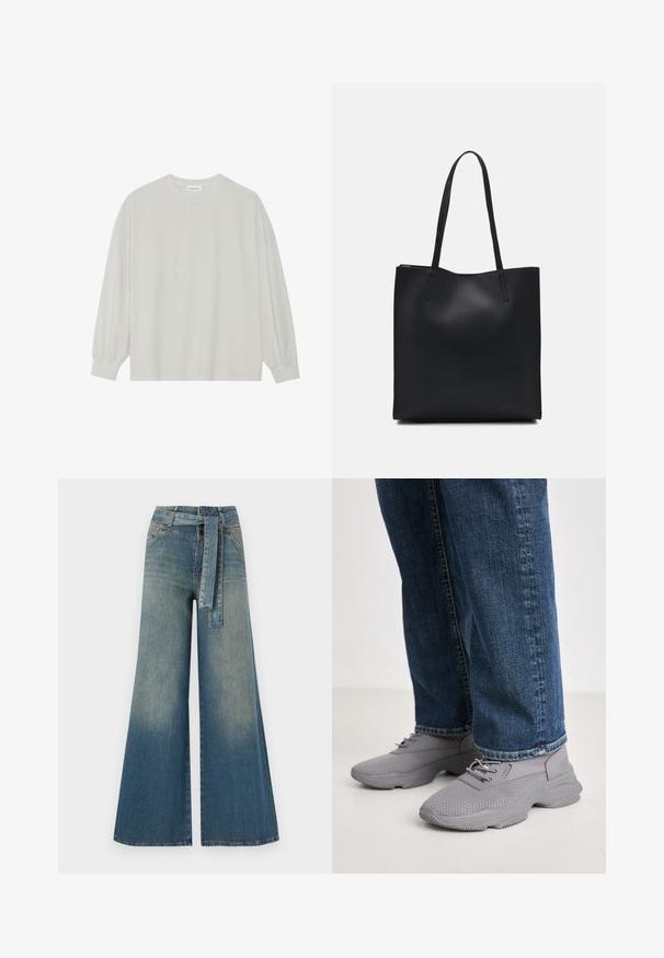 Light gray long-sleeve t-shirt made of soft cotton. Features a loose fit, round neckline, and gently gathered cuffs. No patterns or graphics.; Wide-leg denim trousers featuring a light to dark blue gradient, high waist, belt loops, and a matching fabric belt. Textured denim finish.; Steve Madden MATCHE - Trainers - paloma grey; Black leather tote bag with smooth texture, rectangular shape, and two long handles. No visible hardware or embellishments.