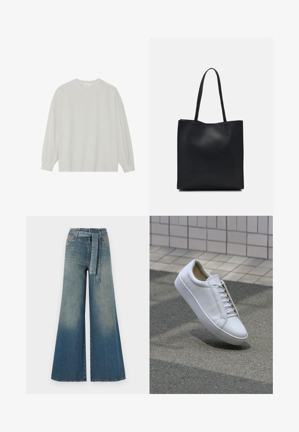Helles graues Langarm-T-Shirt aus weicher Baumwolle. Mit lockerer Passform, Rundhalsausschnitt und sanft gerafften Bündchen. Keine Muster oder Grafiken.; Weit geschnittene Denim-Hosen mit einem Farbverlauf von hellblau zu dunkelblau, hoher Taille, Gürtelschlaufen und einem passenden Stoffgürtel. Strukturierte Denim-Oberfläche.; Weiße Leder-Sneaker mit runder Spitze, flacher Sohle und sechs Paar Ösen. Glatte Textur und minimalistisches Design mit Nähdetails.; Schwarze Laptoptasche aus Leder mit glatter Textur, rechteckiger Form und zwei langen Griffen. Keine sichtbaren Beschläge oder Verzierungen.