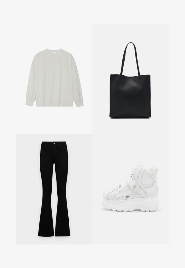 Light gray long-sleeve t-shirt made of soft cotton. Features a loose fit, round neckline, and gently gathered cuffs. No patterns or graphics.; Black flared jeans made of denim. Features a button closure, five pockets, and a smooth texture. The flared leg starts below the knee.; White high-top sneakers made of leather, featuring a buckle strap, round toe, thick sole, and vertical stitching details.; Black leather tote bag with smooth texture, rectangular shape, and two long handles. No visible hardware or embellishments.