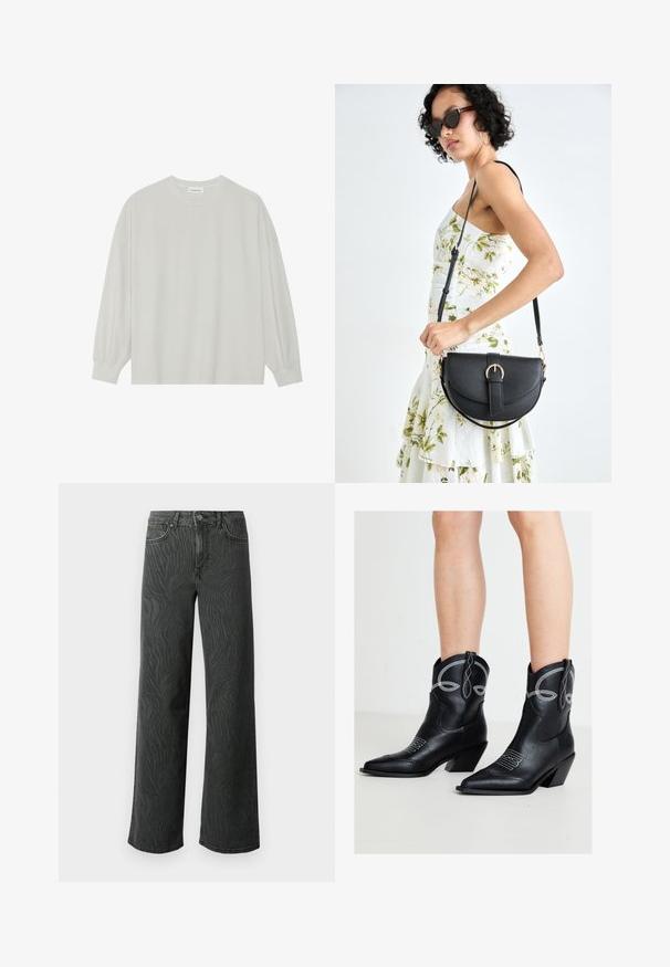 Svetlo siva majica s dugim rukavima izrađena od mekog pamuka. Ima slobodan kroj, okrugli izrez i blago nabrane manžetne. Bez uzoraka ili grafike.; Široke hlače iz temnega sivega denima, z diskretno teksturo zebri, kontrastnim šivanjem in petimi žepi ter z gumbom za zapiranje.; Črni kavbojski škornji iz usnja z belim šivom, nošeni na golih nogah, z ostrimi konicami in poševnimi blok petami na svetlem enobarvnem tleh.; Črna usnjena torbica s ukrivljeno obliko, z odstranljivo naramnico in zlatimi dodatki. Torbica ima pokrov s podrobnostmi v obliki zaponke.