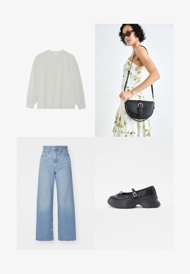 Hele halli pikkade varrukatega T-särk, mis on valmistatud pehmest puuvillast. Omab vaba lõiget, ümmargust kaelust ja õrnalt kogutud varrukaotsi. Muster ja graafika puuduvad.; Heledad sinine kõrge vöökohaga laiad teksad, ees nupp ja tõmblukk, ees ja taga taskud, valge tausta peal.; Must musta Mary Jane musta, millel on ümmargune varvas, paeladetail ja reguleeritav pahkluu rihm. Omab jämedat kummist tallat, millel on kumerad aksendid.; Mustmust mustraha kõverate joontega, eemaldatava rihmaga ja kuldsete detailidega. Kotil on klapp, millel on pandladetail.