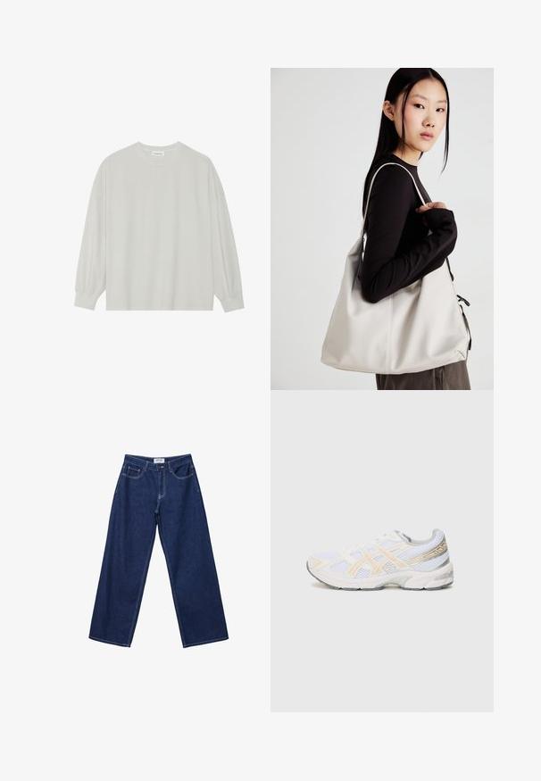 Svijetlosivi majica s dugim rukavima od mekane pamučne tkanine. Ima slobodan kroj, okrugli izrez i blago nabrane manžete. Bez uzoraka ili grafika.; Široke tamnoplave traperice s dugmadi, pet džepova i kontrastnim bijelim šavovima. Tkanina ima glatku, lagano teksturiranu površinu.; Bijela atletska cipela od mrežaste tkanine, s naglascima u svijetlo narančastoj i sivoj boji, teksturiranim potplatom i podstavljenim ovratnikom za udobnost.; Bežna torba od mekog materijala s opuštenim dizajnom, šivanim detaljima i dva remena za rame. Pogodna za svakodnevnu upotrebu.