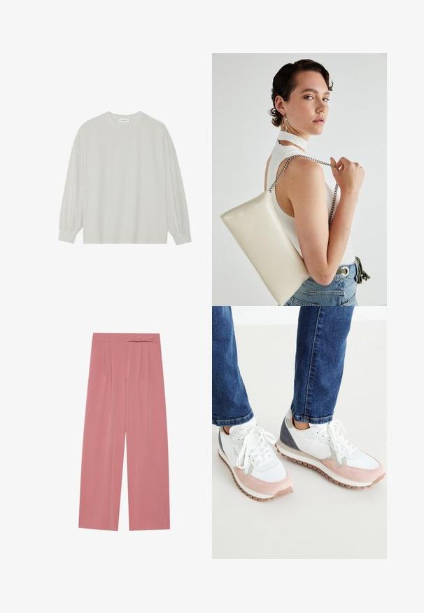 Világosszürke, hosszú ujjú póló, puha pamutból készült. Szabad, laza szabású, kerek nyakkivágással és finoman ráncolt mandzsettával rendelkezik. Nincs rajta minta vagy grafikák.; Széles lábú nadrág puha rózsaszín anyagból, plisszírozással, rugalmas derékkal és két gombos záródással elöl.; Fehér és világos rózsaszín sportcipők szürke részletekkel, velúr és hálós felsőrésszel, gumi talppal és kerek fűzőkkel.; Fehér, téglalap alakú, fényes anyagból készült clutch táska, ezüst láncos pánttal. A modell pózol, bemutatva a táskát egy egyszínű háttér előtt.