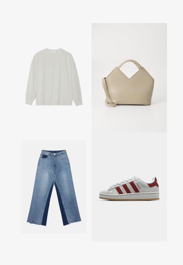 Šviesiai pilkas ilgomis rankovėmis marškinėliai, pagaminti iš minkštos medvilnės. Sukurtas laisvam prigludimui, apvaliu iškirpimu ir švelniai susigūžusiomis rankovėmis. Be raštų ar piešinių.; Šviesiai mėlynos plačiakančios džinsai su kontrastingais tamsiai mėlynais įdėklais, suplėšytais kraštais ir standartine liemeniu su metaliniu užsegimu.; Balti zomšiniai sportbačiai su trimis raudonomis juostelėmis, apvalia nosimi, plokščiu padu ir paminkštintu apykakle. Šone yra užrašas "CAMPUS".; Šviesiai ruda struktūruota rankinė su V formos viršumi, lygaus odos paviršiaus, trumpomis rankenomis ir ilgu reguliuojamu dirželiu. Minimalistinis dizainas.