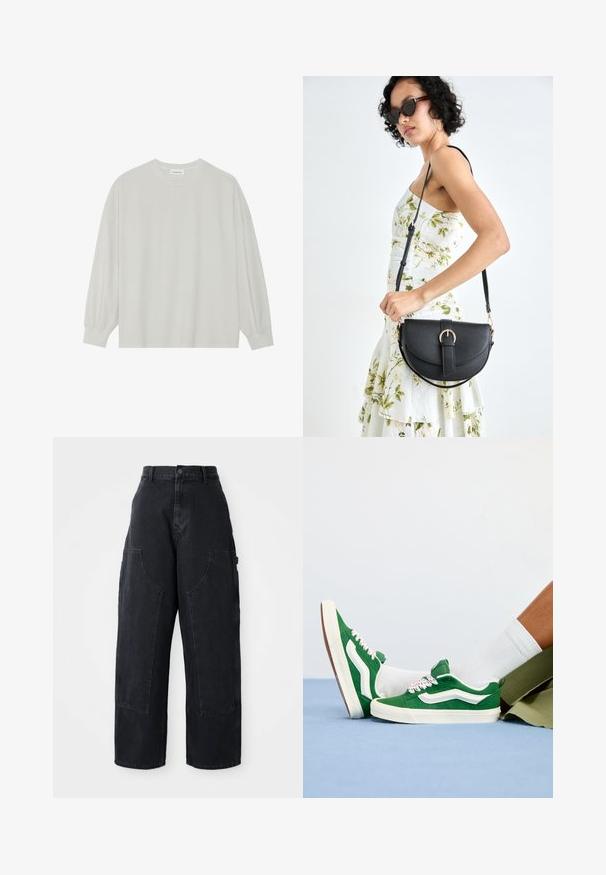 Light gray long-sleeve t-shirt made of soft cotton. Features a loose fit, round neckline, and gently gathered cuffs. No patterns or graphics.; Black denim wide-leg cargo pants with a high waist, two large front pockets, and a button closure at the waist. Smooth texture, casual design.; Green suede sneakers with white accents, textured laces featuring pink details, and a tan rubber sole, worn with white socks and green shorts.; Black leather handbag with a curved shape, detachable strap, and gold hardware. The bag features a flap with a buckle detail.