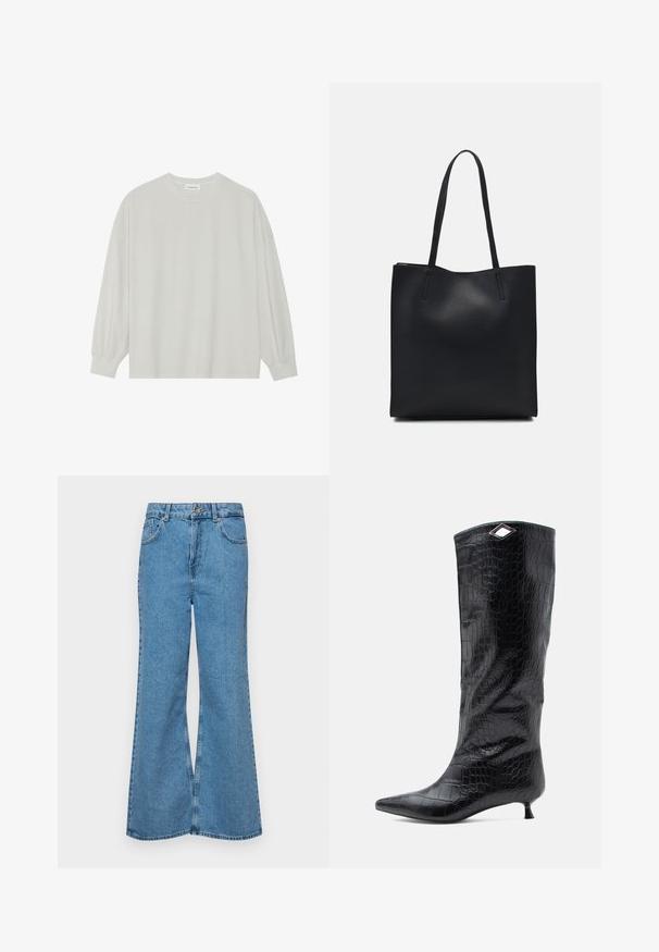 Gaišpelēka garām piedurknēm t-krekls, kas izgatavots no mīkstas kokvilnas. Iezīmē vaļīgu piegriezumu, apaļu kakla izgriezumu un viegli saplacinātas piedurknes. Nav rakstu vai grafikas.; Gaiši zili, platā piegriezuma džinsi, kas izgatavoti no denima, ar augstu jostasvietu, piecām kabatām un vienu pogu. Mīksta tekstūra ar nolietotu apdari.; Melni ceļgala zābaki ar spīdīgu krokodila gravēto ādu, ar smailu pirkstu un mazu kaķa papēdi, uz augšas ar stūrainu sudraba akcentu.; Melnas ādas somiņa ar gludu tekstūru, taisnstūra formu un divām garām rokturiem. Nav redzamu aparatūras vai rotājumu.