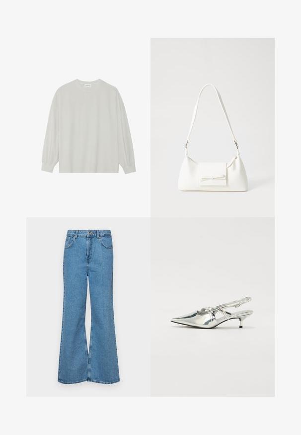 T-shirt a maniche lunghe grigio chiaro realizzato in cotone morbido. Presenta una vestibilità ampia, scollatura rotonda e polsini delicatamente arricciati. Nessun motivo o grafica.; Jeans svasati di un blu chiaro, realizzati in denim, con vita alta, cinque tasche e chiusura a un bottone. Morbido al tatto con una finitura scolorita.; Scarpe slingback metalliche argento con punta affilata, tacco kitten basso e dettagli a strappo sul davanti. Superficie liscia e lucida.; Borsa sintetica bianca a forma triangolare, con patta anteriore piatta e dettaglio a fiocco, tracolla regolabile, texture liscia e design minimalista.