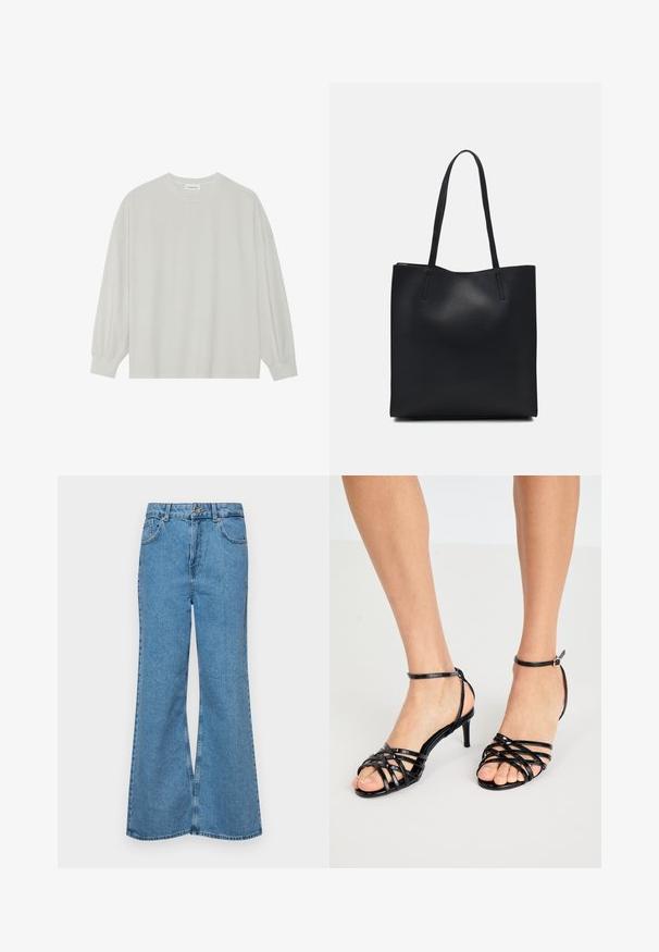 Jasnoszara, długorękawowa koszulka z miękkiej bawełny. Posiada luźny krój, okrągły dekolt oraz delikatnie marszczone mankiety. Brak wzorów i grafik.; Jasnoniebieskie dzwony z denimu, z wysokim stanem, pięcioma kieszeniami i zapięciem na jeden guzik. Miękka tekstura z wyblakłym wykończeniem.; Czarne sandały na wysokim obcasie z paskami, o połyskującej teksturze. Pasek wokół kostki z klamrą. Otwarty przód z krzyżującymi się detalami.; Czarna skórzana torba tote o gładkiej fakturze, prostokątnym kształcie i dwóch długich uchwytach. Brak widocznych elementów metalowych i ozdób.