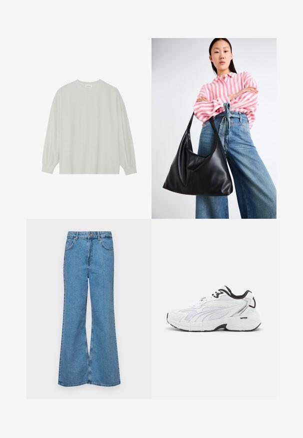 Camiseta de manga larga gris claro hecha de algodón suave. Presenta un corte holgado, cuello redondo y puños ligeramente fruncidos. Sin patrones ni gráficos.; Jeans acampanados de color azul claro hechos de denim, con una cintura alta, cinco bolsillos y un cierre de botón. Textura suave con acabado desgastado.; Zapatilla deportiva blanca con parte superior de malla, acentos negros, panelado texturizado y suela acolchada para mayor comodidad y soporte.; Bolso de hombro de cuero negro con forma relajada y detalles de costura. La modelo lleva una camisa a rayas rosas y blancas con jeans de pierna ancha azules.