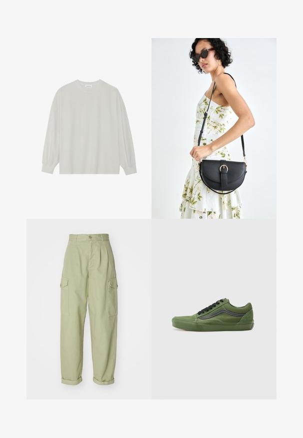 Svijetlosivi majica s dugim rukavima od mekane pamučne tkanine. Ima slobodan kroj, okrugli izrez i blago nabrane manžete. Bez uzoraka ili grafika.; Svijetlozelene cargo hlače od pamučne tkanine. Imaju visok struk, uvijene manžete i dva bočna cargo džepa za dodatnu praktičnost.; Zelene platnene cipele s crnim vezicama i bočnom prugom. Imaju zaobljen vrh, gumeni đon i kontrastni bijeli šav. Klasik dizajn tenisica.; Crna kožna torba s lukovitim oblikom, odvojivim remenom i zlatnim detaljima. Torba ima preklop s kopčom.