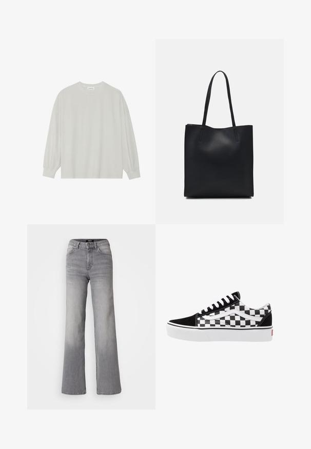T-shirt à manches longues gris clair en coton doux. Présente une coupe ample, un col rond et des poignets légèrement froncés. Aucun motif ni graphique.; Jean en denim gris taille haute à jambes droites avec bouton et fermeture éclair à l'avant, poches avant et arrière, et décoloration sur les cuisses et les mollets.; Baskets en toile noir et blanc à motif damier avec des accents en daim noir, des lacets blancs et une semelle en caoutchouc. Le logo sur le côté présente un design contrasté.; Sac fourre-tout en cuir noir avec une texture lisse, de forme rectangulaire et deux longues poignées. Pas de matériel ou d'ornementations visibles.