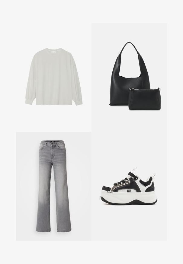 Jasnoszara, długorękawowa koszulka z miękkiej bawełny. Posiada luźny krój, okrągły dekolt oraz delikatnie marszczone mankiety. Brak wzorów i grafik.; Szare dżinsy o prostym kroju i wysokim stanie, z przodu zapinane na guzik i zamek, z kieszeniami z przodu i z tyłu oraz z wyblakłym odcieniem na udach i łydkach.; Sneakers na platformie z czarno-białym wzorem, siateczkowymi akcentami, teksturowanym wykończeniem oraz wyraźnym logo po boku.; Even&Odd - Torebka