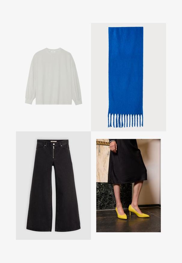 Camisola de manga longa cinza clara, feita de algodão suave. Apresenta um corte solto, decote redondo e punhos ligeiramente franzidos. Sem padrões nem gráficos.; Calças de ganga de perna larga em denim preto com fecho éclair à frente, design de cinco bolsos e detalhes de costura subtil. Textura suave e estilo casual.; Sapatos de salto alto de couro amarelo brilhante, com bicos pontudos e saltos finos de stiletto, posicionados sobre um chão de pedra escura, contra um fundo de parede clara.; Cachecol azul com franjas, feito de tecido macio; apresenta uma cor sólida com uma superfície texturizada e franjas cortadas de forma uniforme na parte inferior.