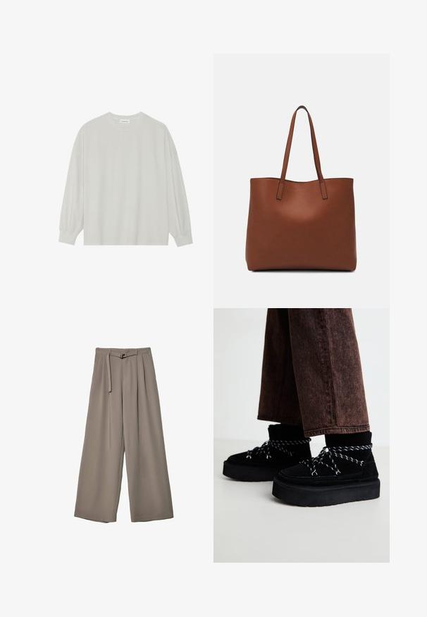 Ljusgrå långärmad t-shirt i mjuk bomull. Har en lös passform, rund halsringning och lätt rynkade ärmslut. Utan mönster eller grafik.; Breda byxor i ett mjukt, dämpat grått tyg, med belagd midja och veck för extra designdetaljer. Slät textur, inga mönster.; Svarta mocka plattformsskor med tjocka gummisulor och svart-vita mönstrade snören. Bärs med lösa, mörkbruna denimbyxor.; Brun läder tote-väska med en slät textur, öppen toppdesign och två axelremmar. Har minimal söm och ingen synlig metalldetalj.