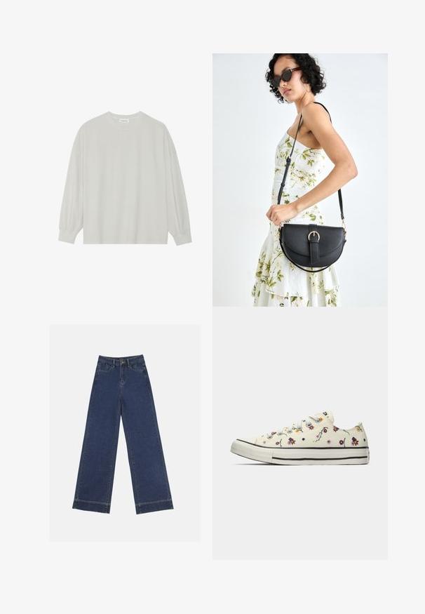 Harmaa pitkähihais t-paita, joka on valmistettu pehmeästä puuvillasta. Ominaisuuksiin kuuluvat rento istuvuus, pyöreä kaula-aukko ja hienosti rypytetyt hihansuut. Ei kuvioita tai grafiikkaa.; Vyötäröltä leveät farkut tummansinisestä denimmateriaalista. Varustettu viidellä taskulla, vyölenkeillä ja näkyvillä sauman yksityiskohdilla. Raaka helma alareunassa.; Valkoiset matalat tennarit, joissa on värikkäitä pieniä kukkakuoseja ja valkoiset nauhat, nähtynä sisäpuolelta yksinkertaisella taustalla.; Musta nahkainen käsilaukku, joka on kaareva muotoilultaan, irrotettavalla hihnalla ja kultaisilla yksityiskohdilla. Laukussa on läppä, jossa on solk yksityiskohta.